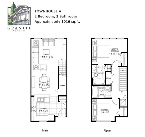 Floor plan for 2 beds, 2 baths, 1019 sqft